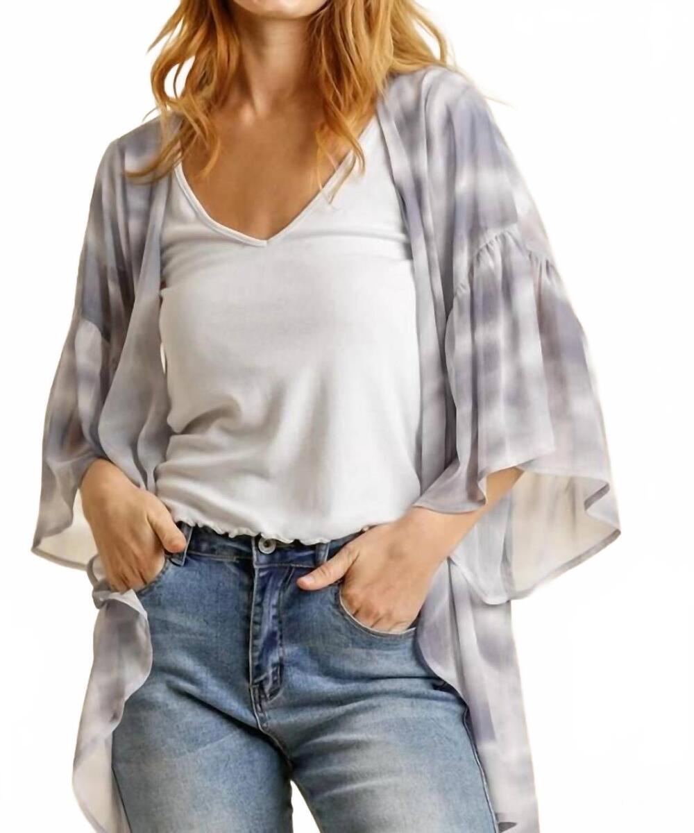 NEW UMGEE three quarter ruffle sleeve open front kimono in grey mix